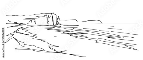 beaches of Normandy with World War II memorials and peaceful landscapes linear monoline vector black and white graphic thin oneline