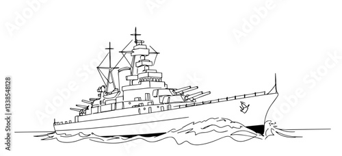 battleship sailing through rough waters, its cannons ready line art one line vector