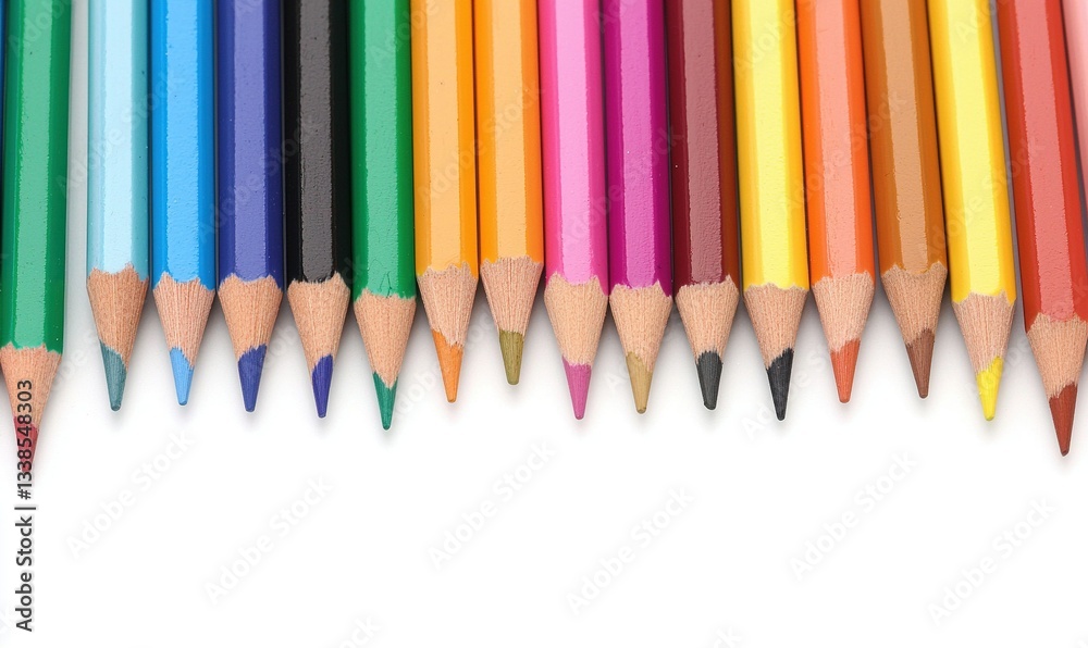 Row of vibrant colored pencils arranged on white background creates a vivid and engaging composition, inviting creative expression