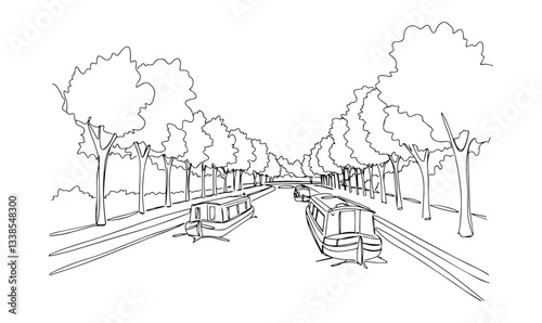 Canal du Midi with boats gliding under tree-shaded pathways linear monoline vector black and white graphic thin oneline