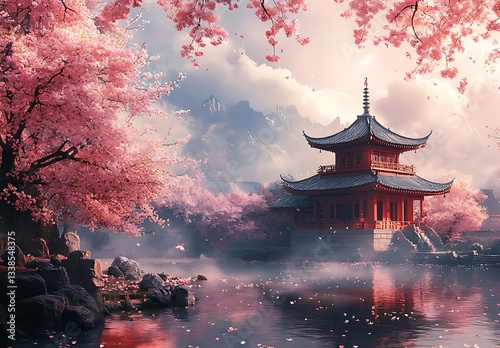Red Pagoda Surrounded by Pink Cherry Blossoms Reflecting on Serene Water