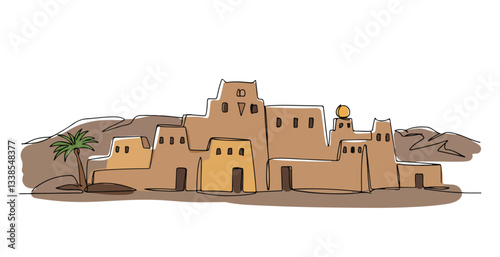 colorful Nubian villages near Aswan, traditional desert village adobe architecture illustration