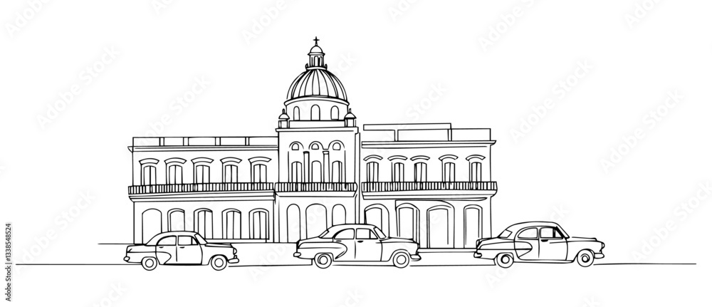 Obraz premium Cuba’s colonial architecture in Havana with classic cars linear monoline vector black and white graphic thin oneline
