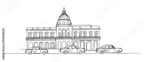 Cuba’s colonial architecture in Havana with classic cars linear monoline vector black and white graphic thin oneline