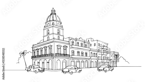 Cuba’s colonial architecture in Havana monoline vector line art sketch