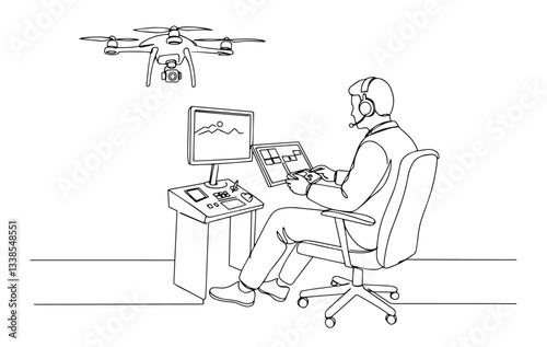 drone operator sitting in a control room monoline vector line art sketch