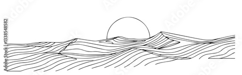 Endless sand dunes with rippling patterns at sunset linear monoline vector black and white graphic thin oneline