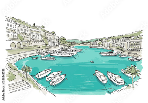 French Riviera with luxury yachts and beach, picturesque harbor with boats charming coastal town illustration