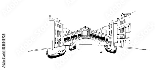 Italy Venice panorama linear monoline vector black and white graphic thin oneline