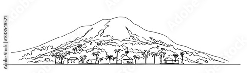 mountainous landscapes of Martinique covered in lush greenery linear monoline vector black and white graphic thin oneline