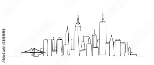 New York City panorama linear monoline vector black and white graphic thin oneline