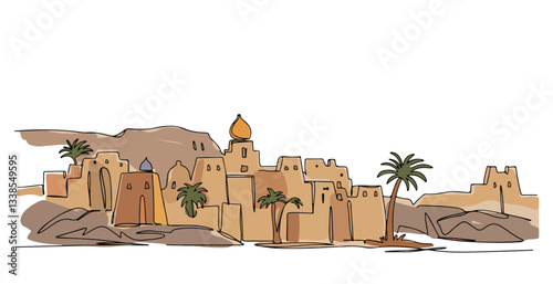 Nubian villages near Aswan, desert town with traditional architecture oriental landscape illustration