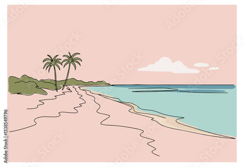 pink sand beaches of Eleuthera in the Bahamas, tropical beach with palm trees minimalist seaside illustration
