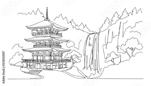 Shinto temple near a waterfall in Japan linear monoline vector black and white graphic thin oneline