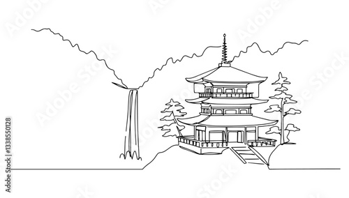 Shinto temple near a waterfall Japan linear monoline vector black and white graphic thin oneline