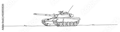 tank rolling through an empty field, its turret scanning for targets line art vector monoline illustration