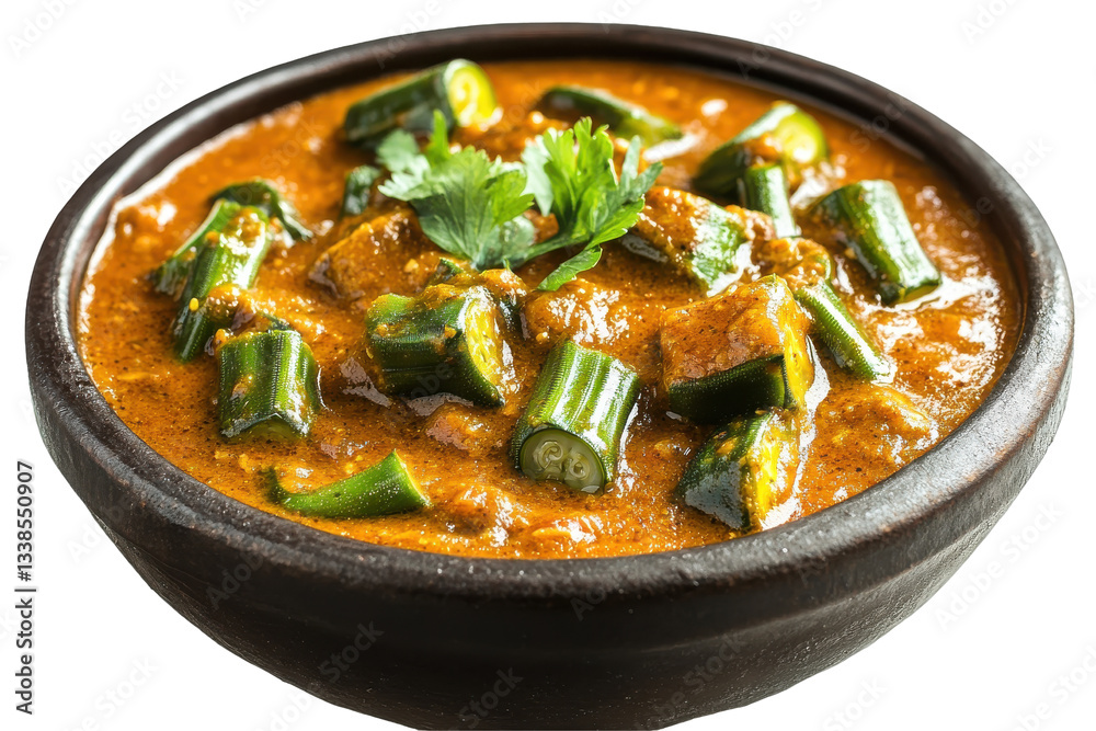 Delicious okra curry in a rustic bowl with fresh herbs Delicious okra curry in a rustic bowl with fresh herbs