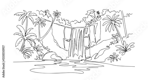 Waterfalls in the lush rainforests of Dominica monoline vector oneline line art illustration