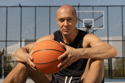 Basketball caucasian player resting, hold orange basketball ball and looking at camera on sports field. Game interval. Outdoors.