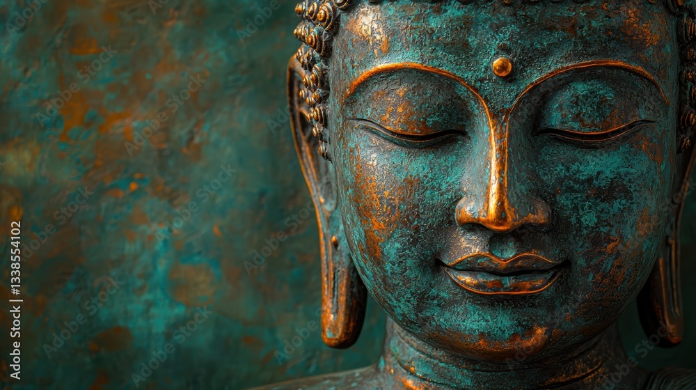 Bronze khmer buddha head on moss green a study in simplicity Bronze khmer buddha head on moss green a study in simplicity