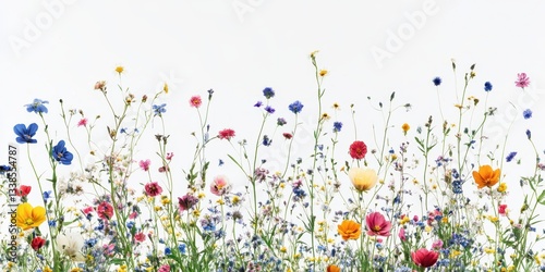 Floral Symphony: An enchanting collection of wildflowers, showcasing a vibrant spectrum of colors and delicate petals, thrives in a natural, sun-kissed environment.