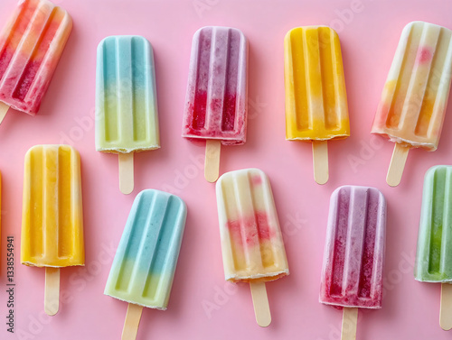 Colorful ice pops in a variety of flavors lie on a pink background