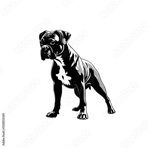 Black and White Silhouette Illustration of a Boxer standing alert in a playful pose on a white background showcasing its sleek form and attentive expression