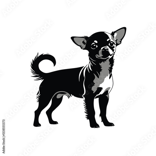 Black and White Silhouette Illustration of a Chihuahua standing alert in a playful pose on a white background showcasing its sleek form and attentive expression
