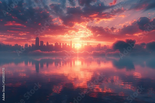 Stunning Sunset Cityscape Reflected on Tranquil Waters with Colorful Dramatic Sky