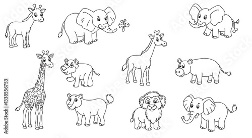 Cartoon African Animal Line Art Collection Including Giraffe and Elephant