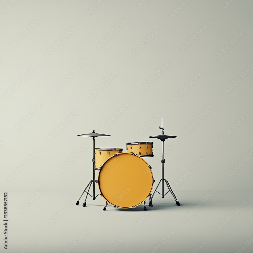 Minimalist studio shot of a yellow drum kit on a light grey background. Minimalist studio shot of a yellow drum kit on a light grey background.