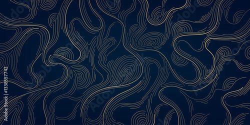 Vector line wave organic pattern, japanese liquid texture, wooden curve shape. Contour elegant graphic, gold on dark abstract background.