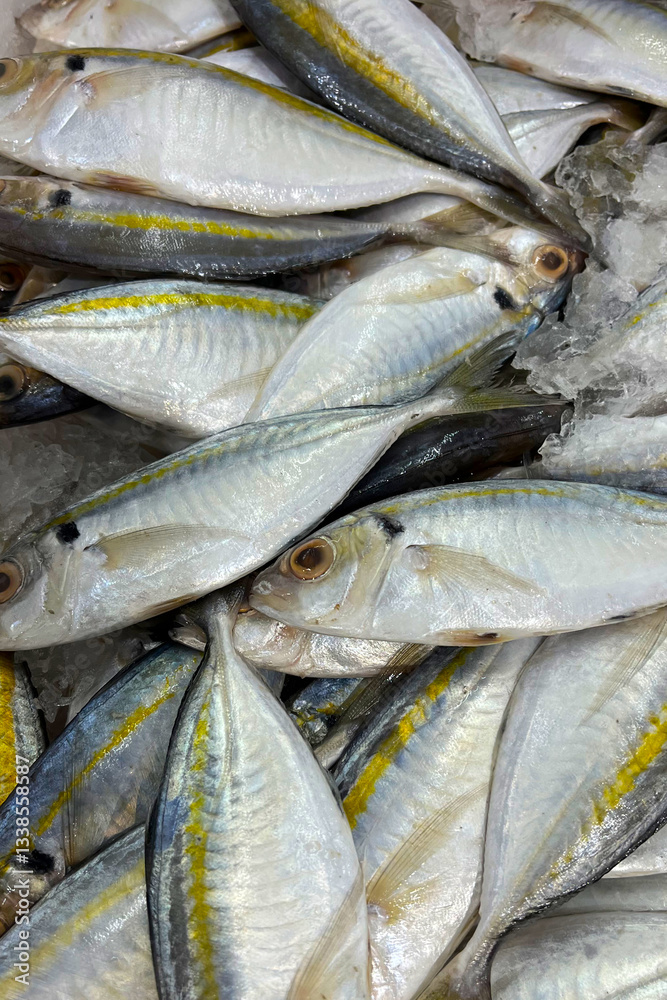 Obraz premium Yellowstripe Scad, Fresh fish for sale on a bed of ice at a seafood market