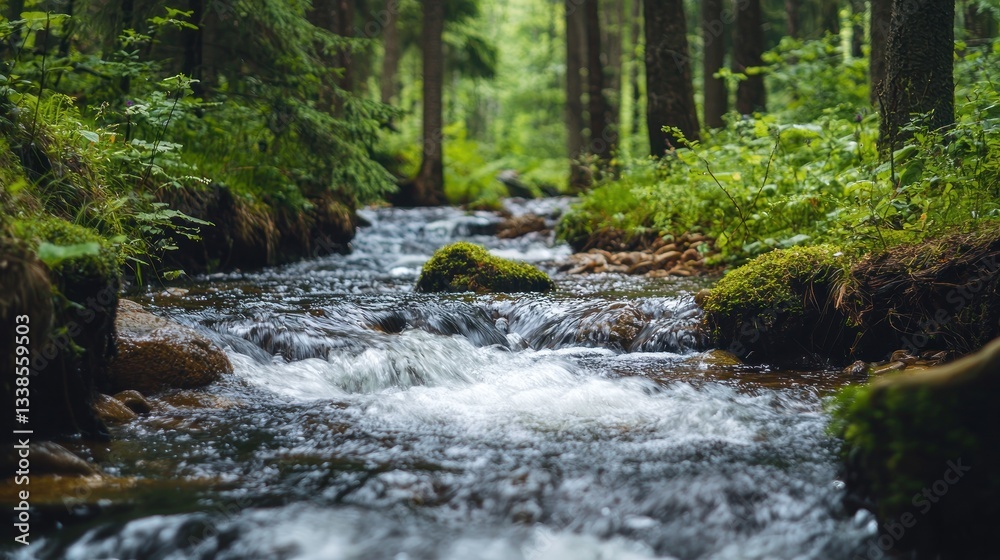 Clear flowing river meandering through a verdant green woodland forest