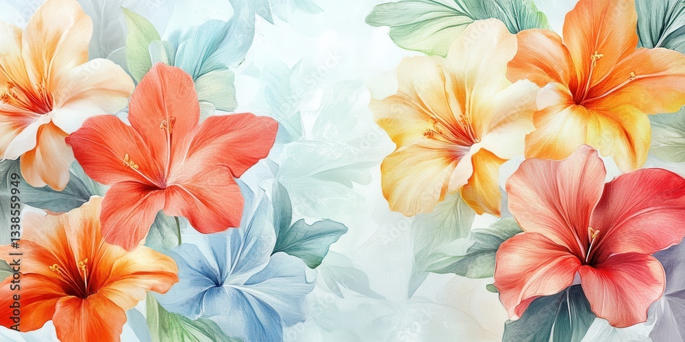 Obraz premium Floral Symphony: An array of hibiscus blooms unfolds, their vibrant petals painted in shades of orange, yellow, and red, creating a spectacle of floral beauty.