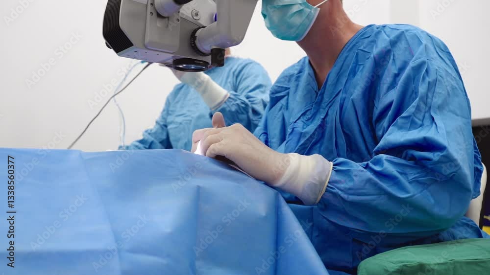 Skilled surgeon and his medical team performs precise eye surgery on an elderly patient, restoring vision with latest medical technology and cutting-edge techniques. Modern eye surgery concept.