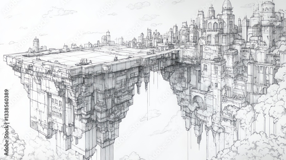 Obraz premium Intricate sketch of a city atop connected floating platforms