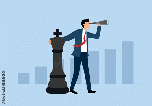 Success strategy, plan to win business competition, leadership vision or looking for opportunity, competitor analysis concept. Businessman leader standing with chess king and look ahead.