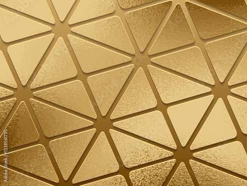 Elegant 3D golden triangle pattern with metallic embossed texture. High-quality 3D geometric background, embossed triangular texture. Ideal for luxury branding, packaging, and stylish digital project