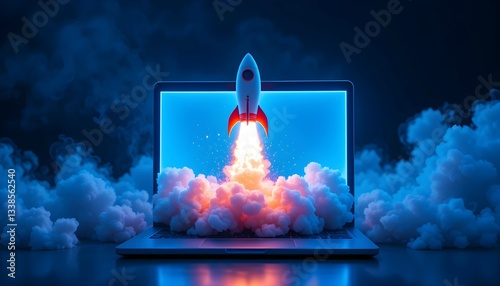  Digital Launch: Rocket Blasting Off from a Laptop Screen