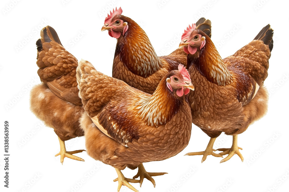 Fototapeta premium Four Brown Chickens Gathered in a Farmyard Setting