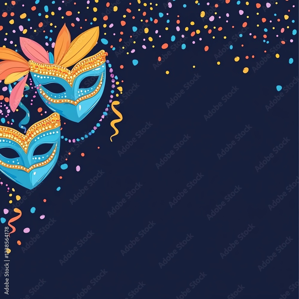 Obraz premium Vibrant carnival masks with colorful feathers and festive confetti, perfect for celebrating tradition and joy during cultural festivities.