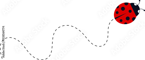 Cute ladybug characters collection. Flying ladybug with dotted path. Ladybugs flying on dotted route. ladybug icon set. Insects group. Vector illustration isolated on white.