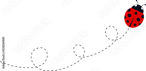 Cute ladybug characters collection. Flying ladybug with dotted path. Ladybugs flying on dotted route. ladybug icon set. Insects group. Vector illustration isolated on white.
