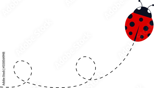 Cute ladybug characters collection. Flying ladybug with dotted path. Ladybugs flying on dotted route. ladybug icon set. Insects group. Vector illustration isolated on white.