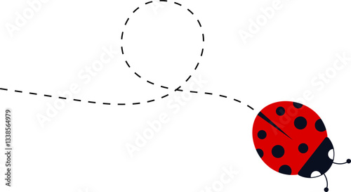 Cute ladybug characters collection. Flying ladybug with dotted path. Ladybugs flying on dotted route. ladybug icon set. Insects group. Vector illustration isolated on white.