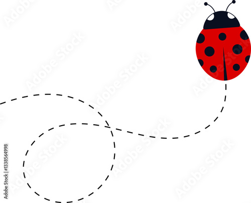 Cute ladybug characters collection. Flying ladybug with dotted path. Ladybugs flying on dotted route. ladybug icon set. Insects group. Vector illustration isolated on white.