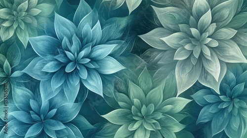 Teal And Green Abstract Floral Pattern Backgrounds For Designing Purposes In Soft Color Tones. Botanical Garden Theme Or Nature Theme Background. Flowers, Leaves, And Plants. Detailed And Intricate