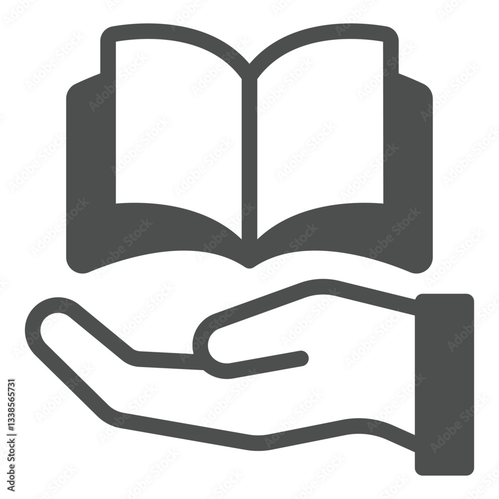 Book with hand palm solid icon, translate worker holiday concept. Vector graphics. Opened textbook and hand sign on white background, glyph style icon for mobile or web design. Book with hand palm solid icon, translate worker holiday concept. Vector graphics. Opened textbook and hand sign on white background, glyph style icon for mobile or web design.
