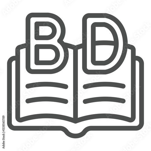Uppercase letters and opened book line icon, reading book online concept. Vector graphics. Text book sign on white background, outline style icon for mobile or web design.